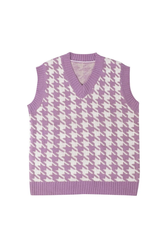 Argyle Sweater Vest Women Sleeveless V Neck Knit Sweater Vest Plaid Print Crop Tank Top,Purple M