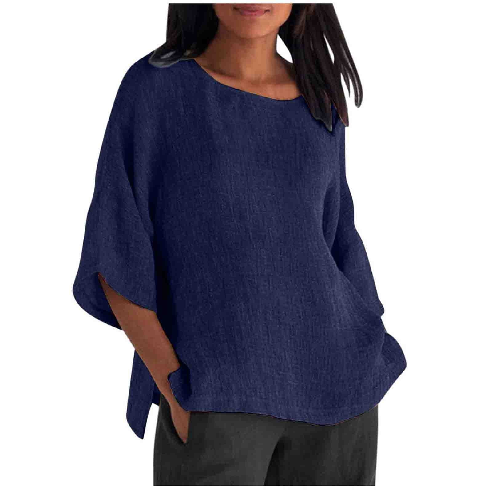 Sksloeg Blouses for Women Cotton Casual Ladies Fashion Cropped Sleeves  Elbow-Length Round Neck Solid Loose Shirt Blouse Casual Tops,Dark Blue L 