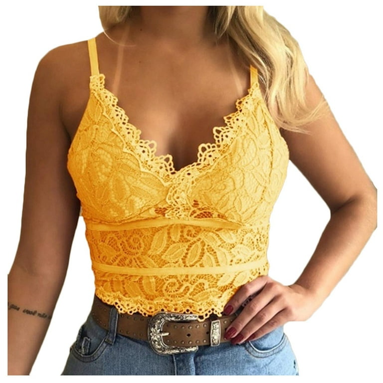 Sksloeg Lace Camisole for Women, Cami Bra with Lace Trim, Women's Spaghetti  Strap Lace Bra for Layering,Yellow S 