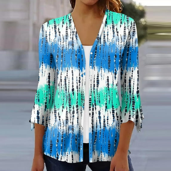 Sksloeg Cardigan 3/4 Sleeve for Women Casual Drape Open Front Kimonos Lightweight Summer Cardigan with Pocket Color Block Button Down Sweaters Duster,Multicolor L