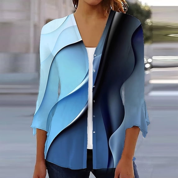 Sksloeg Cardigan for Women Graphics Printed 3/4 Sleeve Basic Kimonos Open Draped Front Button Down Cardigan Office Wear, Female,Sky Blue XL