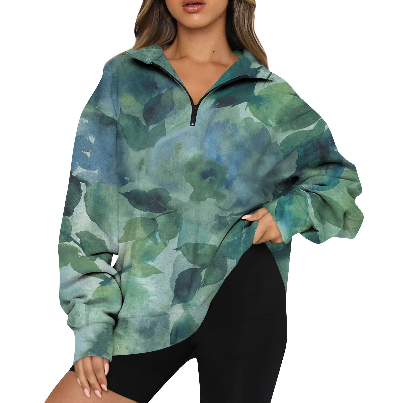 sksloeg-half-zip-pullover-women-fleece-half-zip-tie-dye-printed-fleece