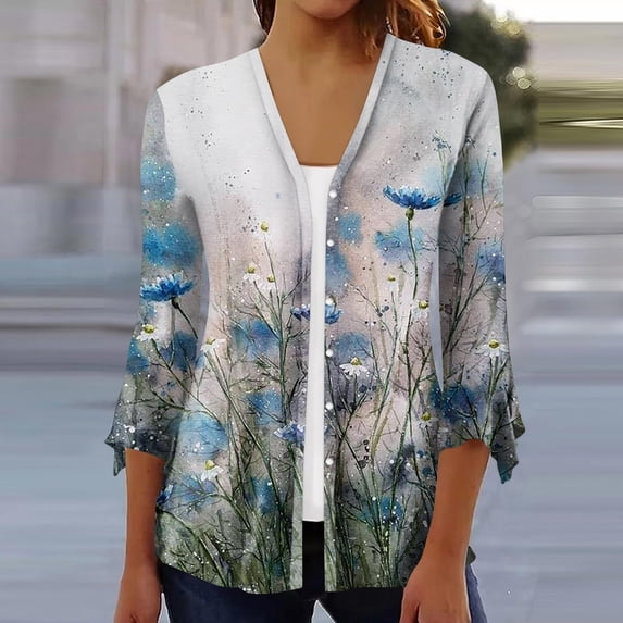 Sksloeg Lightweight Cardigans for Women Casual 3/4 Sleeve Floral Printed Kimonos Lightweight Cardigan Button Down Sweaters Duster,Gray M