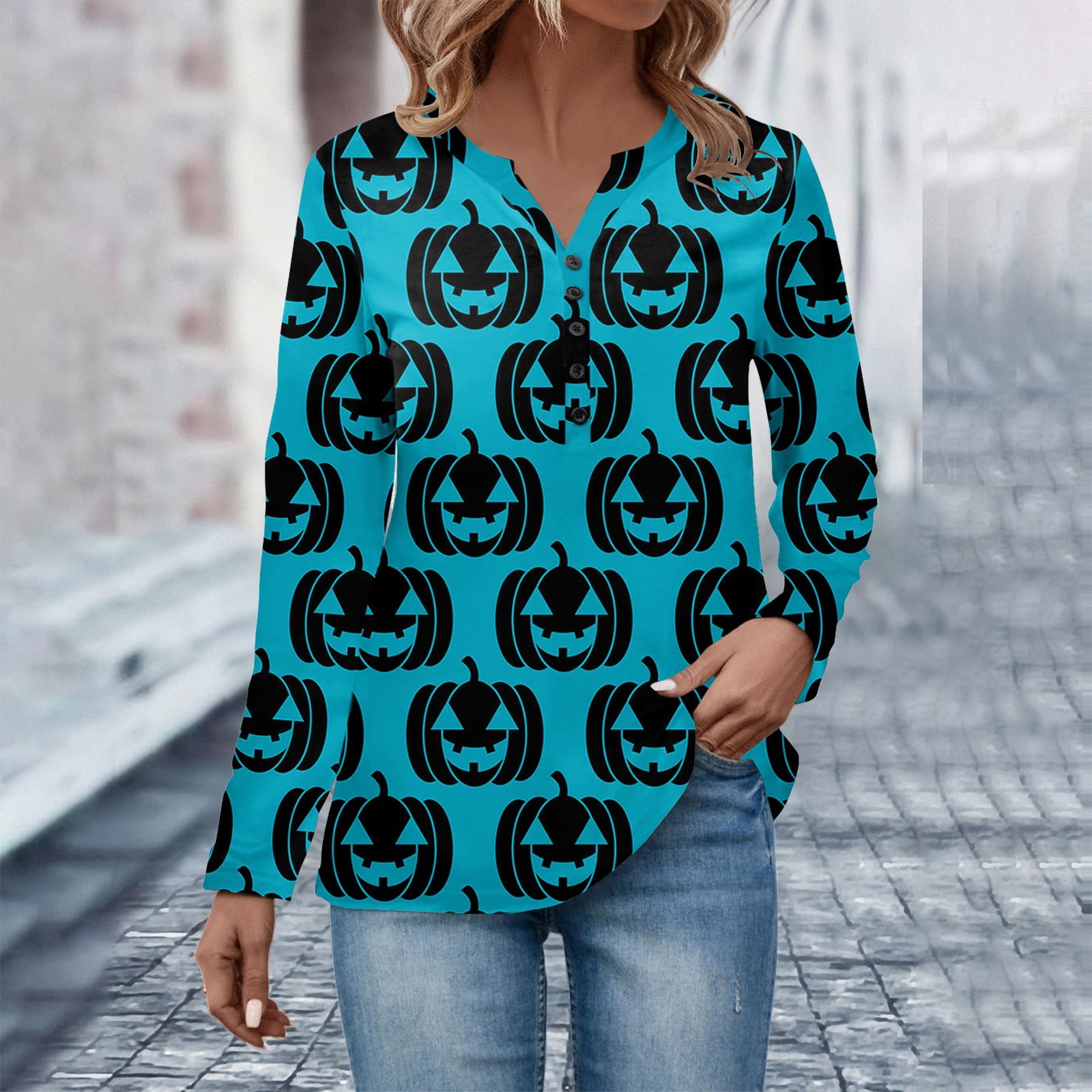Sksloeg Womens Long Sleeve Tops Halloween Pumpkin Cat Bat Pattern Tunic  Cute Summer Tops for Women Long Sleeve V Neck Blouses & Button-Down  Shirts,Light Purple 2XL 