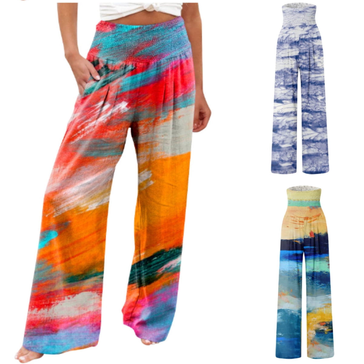 Sksloeg Pants for Women Summer Tiedye Printed High Waist Wide Leg Pants Loose Fit Back Elastic