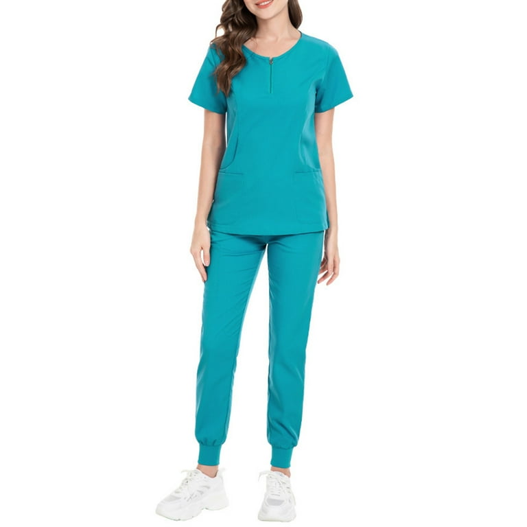 Sksloeg Womens Scrub Set 4 Way Stretch 2 Pocket Zipper Top with