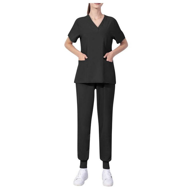Sksloeg Scrubs Set for Women Cool Stretch V-Neck Top and Jogger Scrub Pants  Set Short Sleeve Classic Fit Workwear,Black L 
