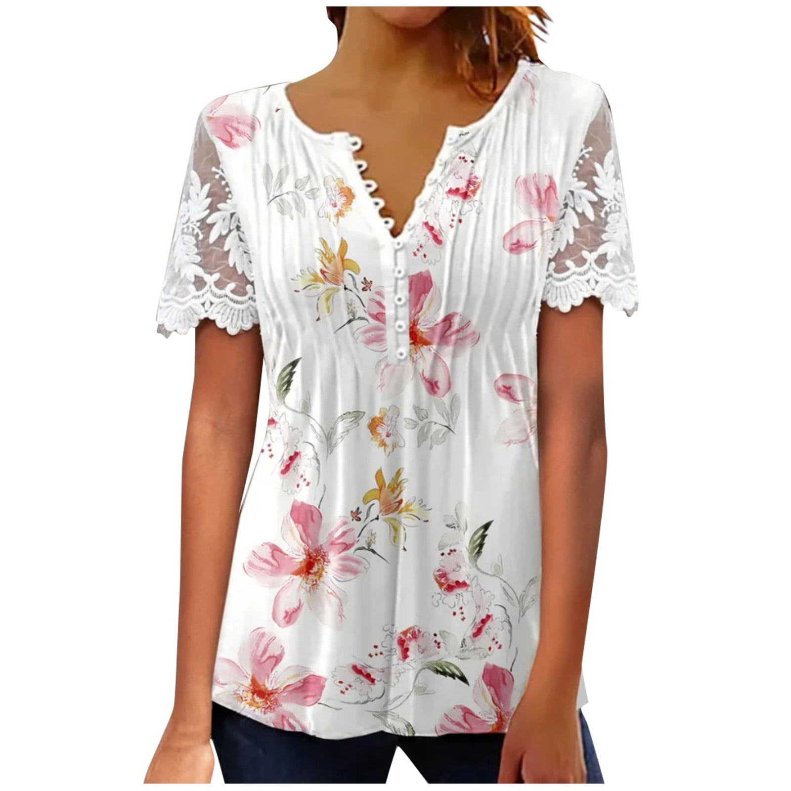 Sksloeg Shirts for Women Business Tops Vintage Flower Print Lace Short Sleeve Work Shirts Dressy Tops Cute Summer Button Down Blouses Henly T Shirts Red XXL Walmart