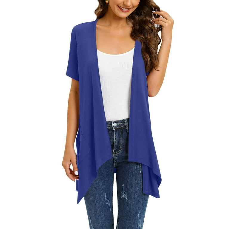 Sksloeg Short Sleeve Plus Size Cardigans for Women Lightweight Blue Open Drape Front Cardigan Loose Fit Ruffles Cardigan with Pockets S 5xl Blue S Walmart