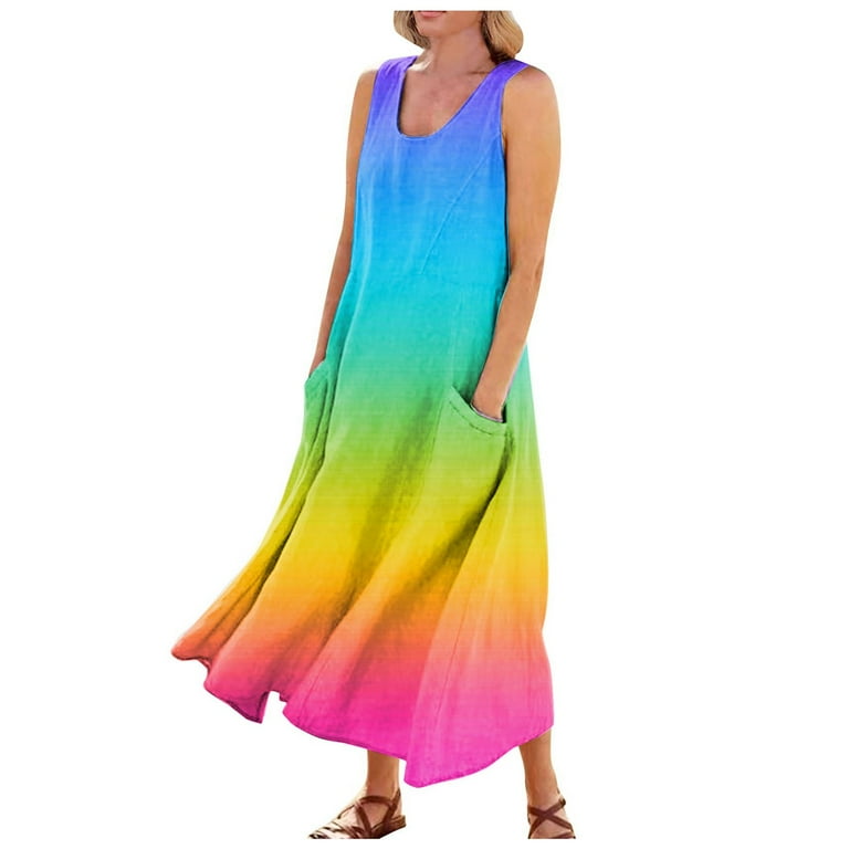 Sksloeg Summer Dresses Plus Size Sleeveless Cotton Linen Long Dress Gradient Printed Summer Beach Vacation Dress with Pockets Women U Neck Tank