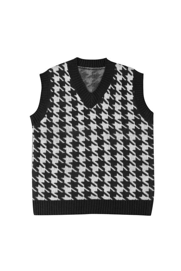 Sweater Tank for Women Plaid Print Knitted Sleeveless Sweater Preppy Style Vintage Knitwear Top,Black M