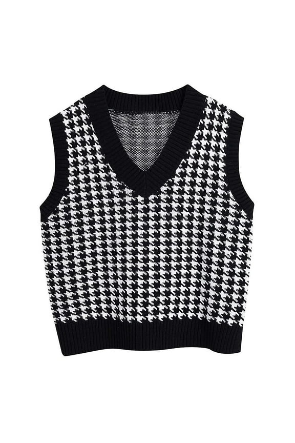 Sweaters Vest for Women Plaid Print Argyle Plaid Preppy Style Sleeveless Crop Knit Vest,Black M