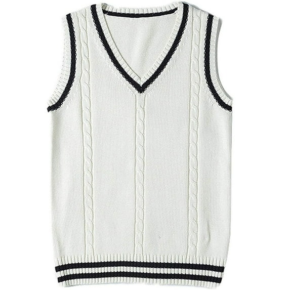 Sksloeg Sweaters Vest for Women Vintage Loose Solid Tank Top V Neck Sleeveless Cable Knit Preppy Style Pullover Sweater Vest,White XL