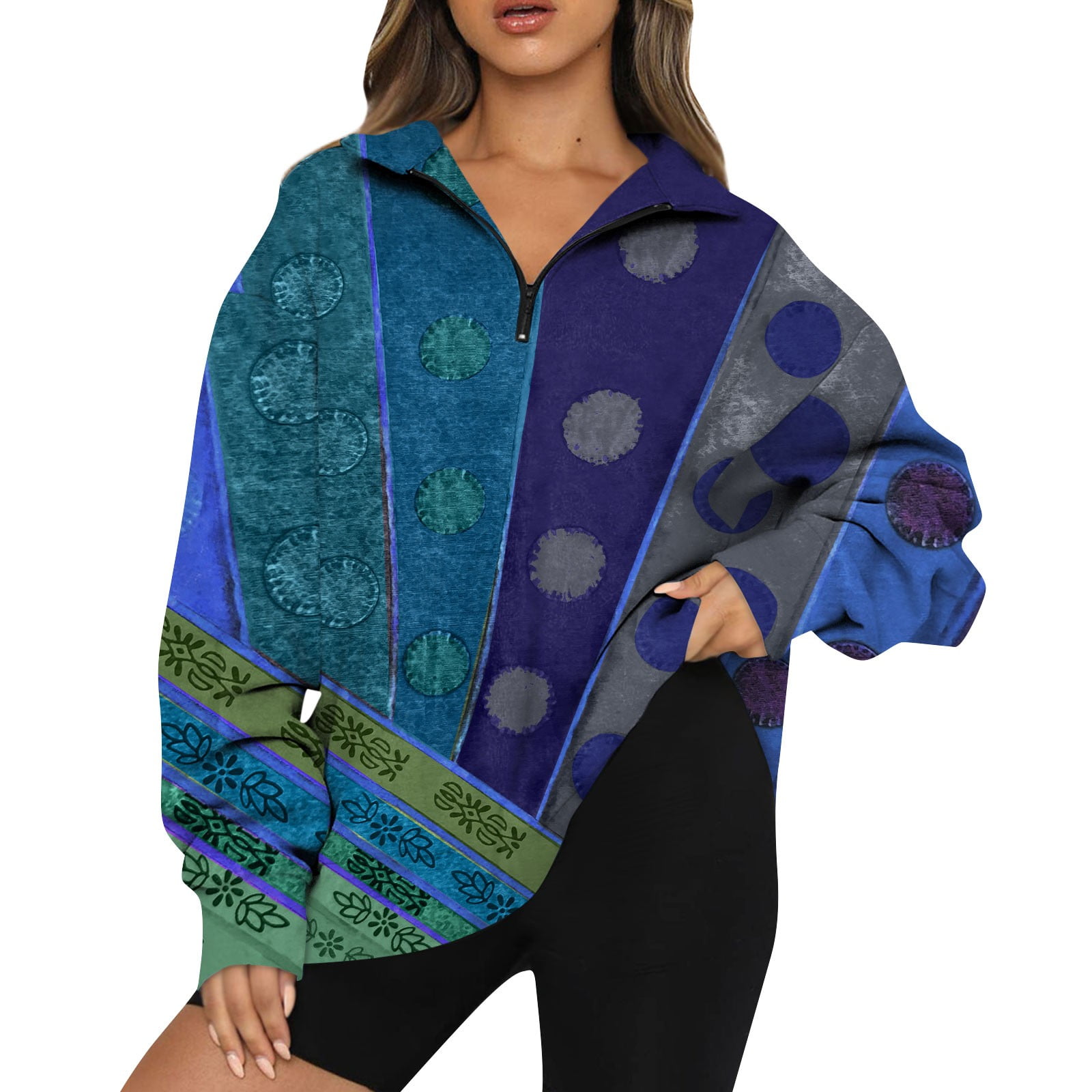 Sksloeg Womens Sweatshirts No Hood Half Zip Aztec Ethnic Printed Fleece  Pullover Winter Clothes Quarter Zip Up 2024 Outfits Sweater,Purple 3XL 