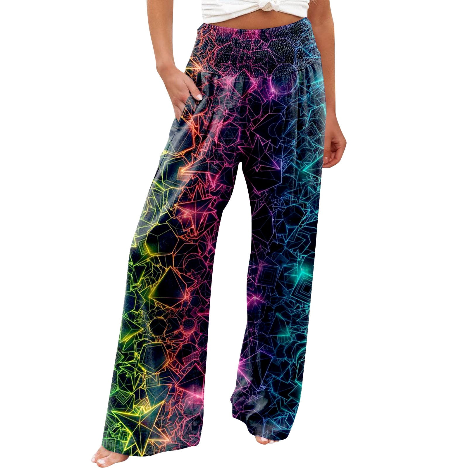 Sksloeg Women Pants Elastic Waist Graphics Printed Wide Leg Palazzo