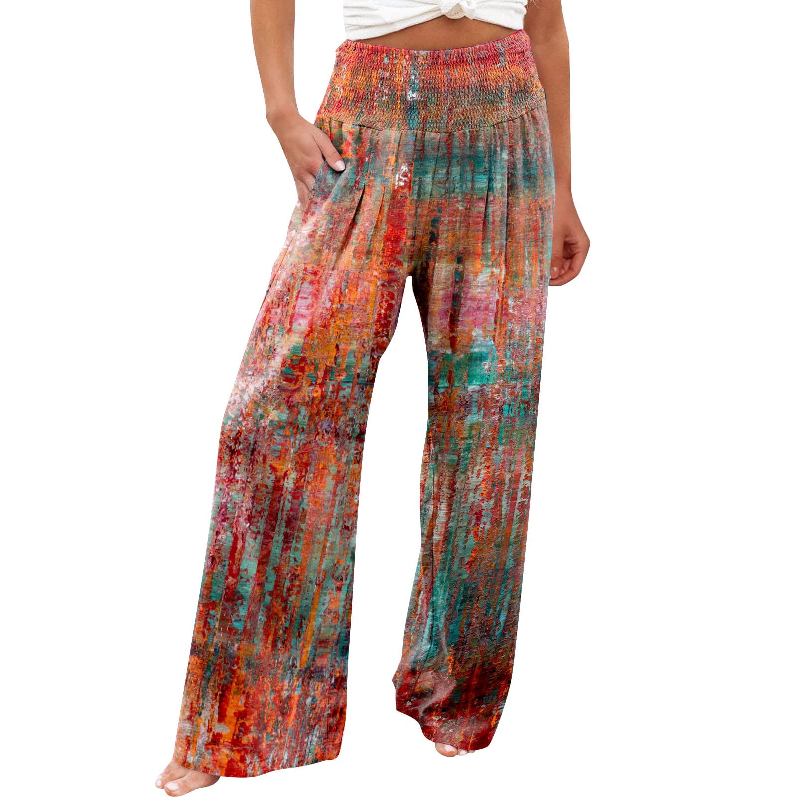 Sksloeg Women Pants Summer High Waist Stretch Tiedye Printed Wide Leg Pants Fashion Casual