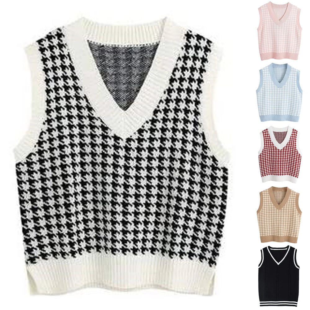 Sksloeg Women Sleeveless Sweater Houndstooth Crop Sweater Vest Preppy Style  Sleeveless V Neck Knitwear Tank Tops,White L