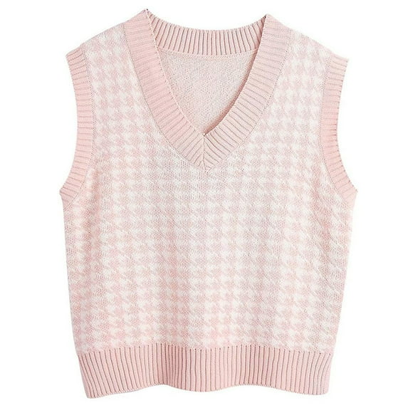 Sksloeg Women Sweater Vest Houndstooth Knitted Sleeveless Sweater Preppy Style Vintage Knitwear Top,Pink XXXL