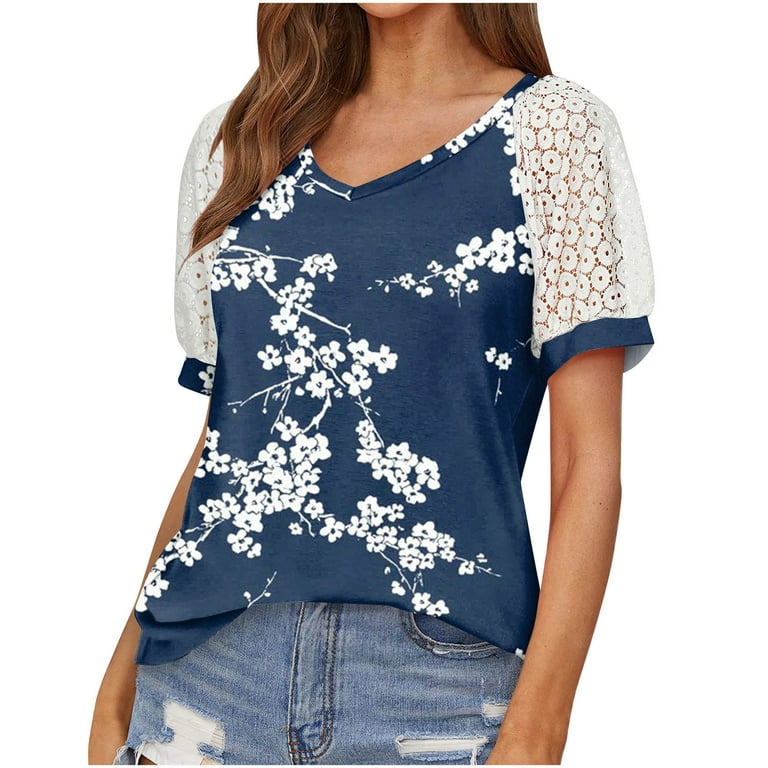 Sksloeg Womens Blouse Plus Size Dressy Casual Tops Mesh Vintage Flower  Print Tops Puff Short Sleeve Blouses V Neck T Shirts,Blue S 