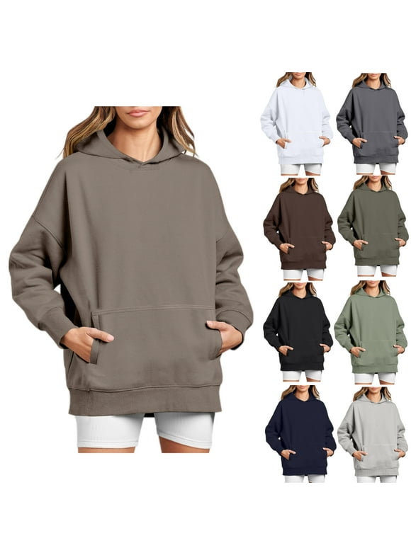 Sksloeg Women's Camo Hoodie Black Solid Color Oversized Sweatshirt Fleece Hooded Sweatshirts with Pocket Casual Fall Pullover,Black M
