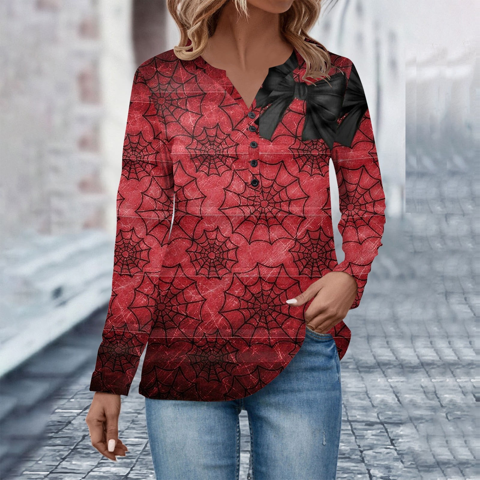 Sksloeg Women's Halloween Button Shirts Cute Cartoon Pattern Henley