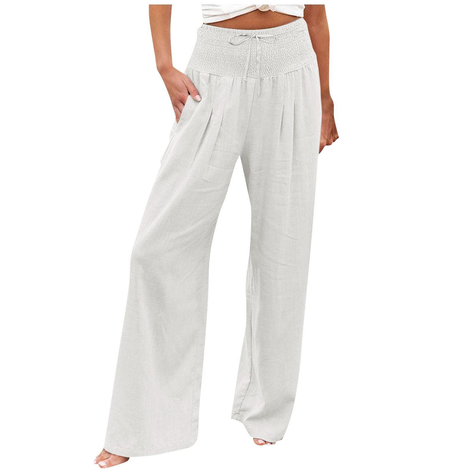Sksloeg Women's Pants Long Solid High Waist with Pockets Cotton Linen Palazzo Pants Beach Wide