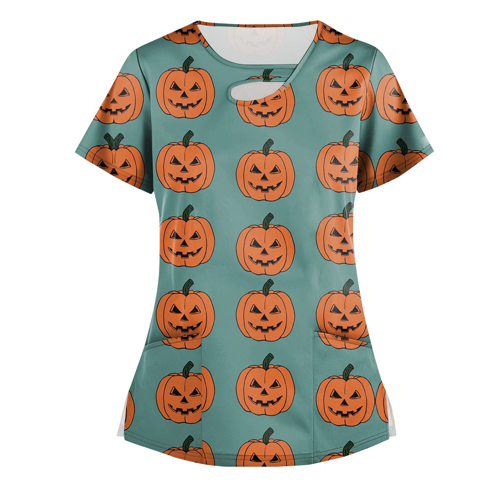 Sksloeg Women's Scrubs Pumpkin Cat Bat Print Halloween Top Comfortable