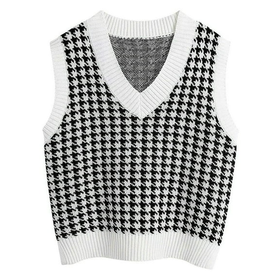 Sksloeg Women's Sleeveless V Neck Knit Sweater Vest Plaid Print Vest Tank Tops Sleeveless Pullover Knit Sweater Top,White XL