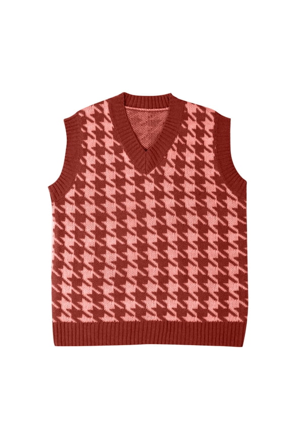 Women's V Neck Trendy Sweater Vest Houndstooth Pattern Knit Sweater Vest Sleeveless Loose V-Neck 90s Waistcoat Pullover Knitwear Top,Wine L