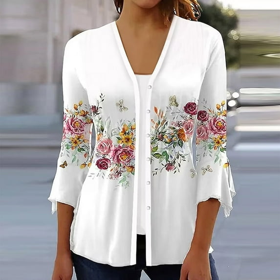 Sksloeg Womens 3/4 Sleeve Cardigans for Women Bohemia Vintage Flower Printed Button Down Shirts for Women Work Kimono Cardigans Cape Sleeve T Shirts for Women,Gold 3XL