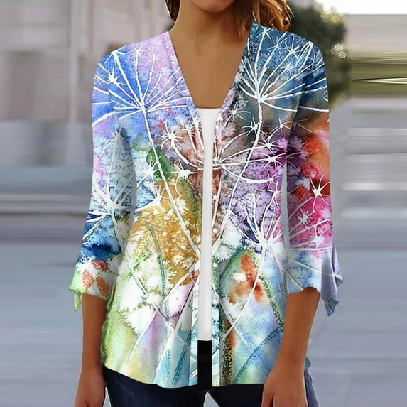 Sksloeg Womens 3/4 Sleeve Open Front Cardigan Summer Open Front Cardigan Vintage Flower Printed Shirts Button Loose Casual Blouse Draped Flowy Cover Up,Purple L