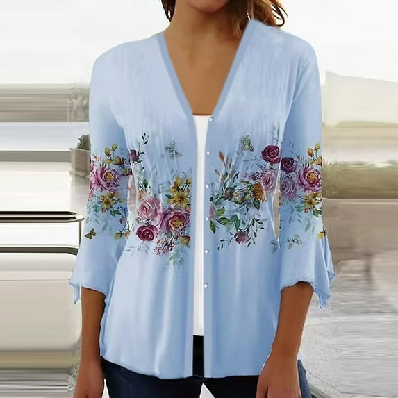 Sksloeg Womens 3/4 Sleeve Tunic Top for Leggings Lightweight Open Front Button Down Dressy Casual Soft Comfy Vintage Flower Printed Cardigans,Light Blue L