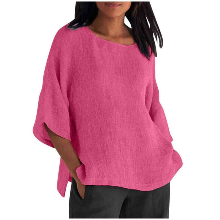 Sksloeg Womens Blouse Cotton Linen Shirts Summer Casual 3/4 Sleeve Crew  Neck Loose Plus Size Blouse Side Split Solid Color Top,Hot Pink XXL 