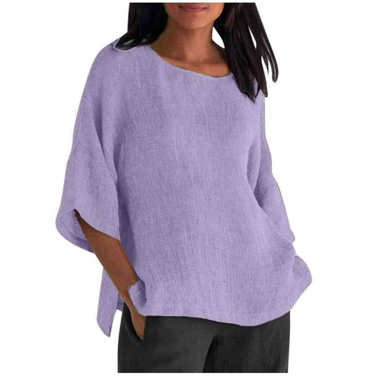Sksloeg Womens Blouse Ladies Fashion Cropped Sleeves Elbow-Length Round  Neck Cotton Loose Shirt Blouse Casual Tops,Light Purple M 