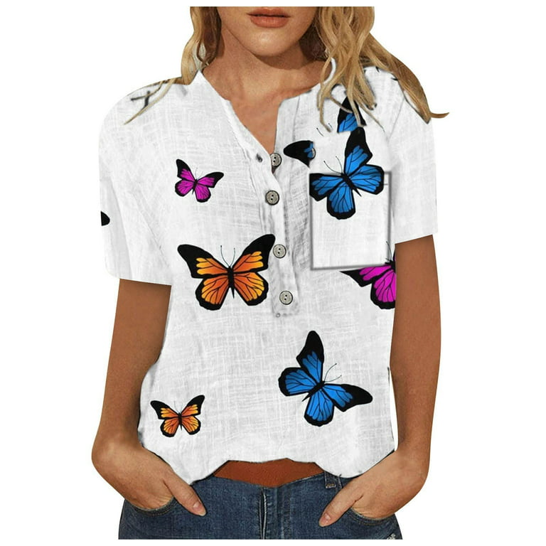 Sksloeg Womens Blouse Plus Size Butterfly Print Short Sleeve Tops Henley  Basic T Shirt Blouse Summer Loose Fit Tops with Pocket,Blue XXL 