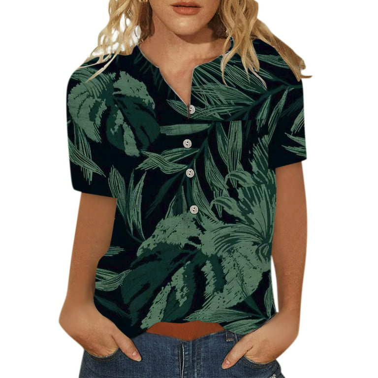 Sksloeg Womens Blouse Plus Size Leopard Print Short Sleeve Shirts Tops  Button Up Loose Fit Casual Shirt Blouses Top with Pocket,Dark Green L 