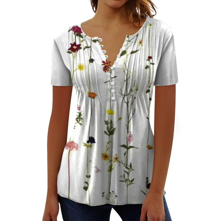 Sksloeg Womens Blouses Modern Vintage Flower Printed Hide Belly Tunic 2024  Summer Short Sleeve T Shirts Cute Flowy Henley Tshirt Casual Dressy Blouses  for Leggings,White S 