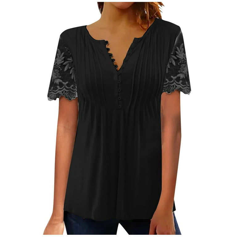 Sksloeg Womens Blouses Trendy Henly Tops Shirts Plus Size V Neck Solid  Button Lace Short Sleeve Tops T-Shirt Blouse,Black S