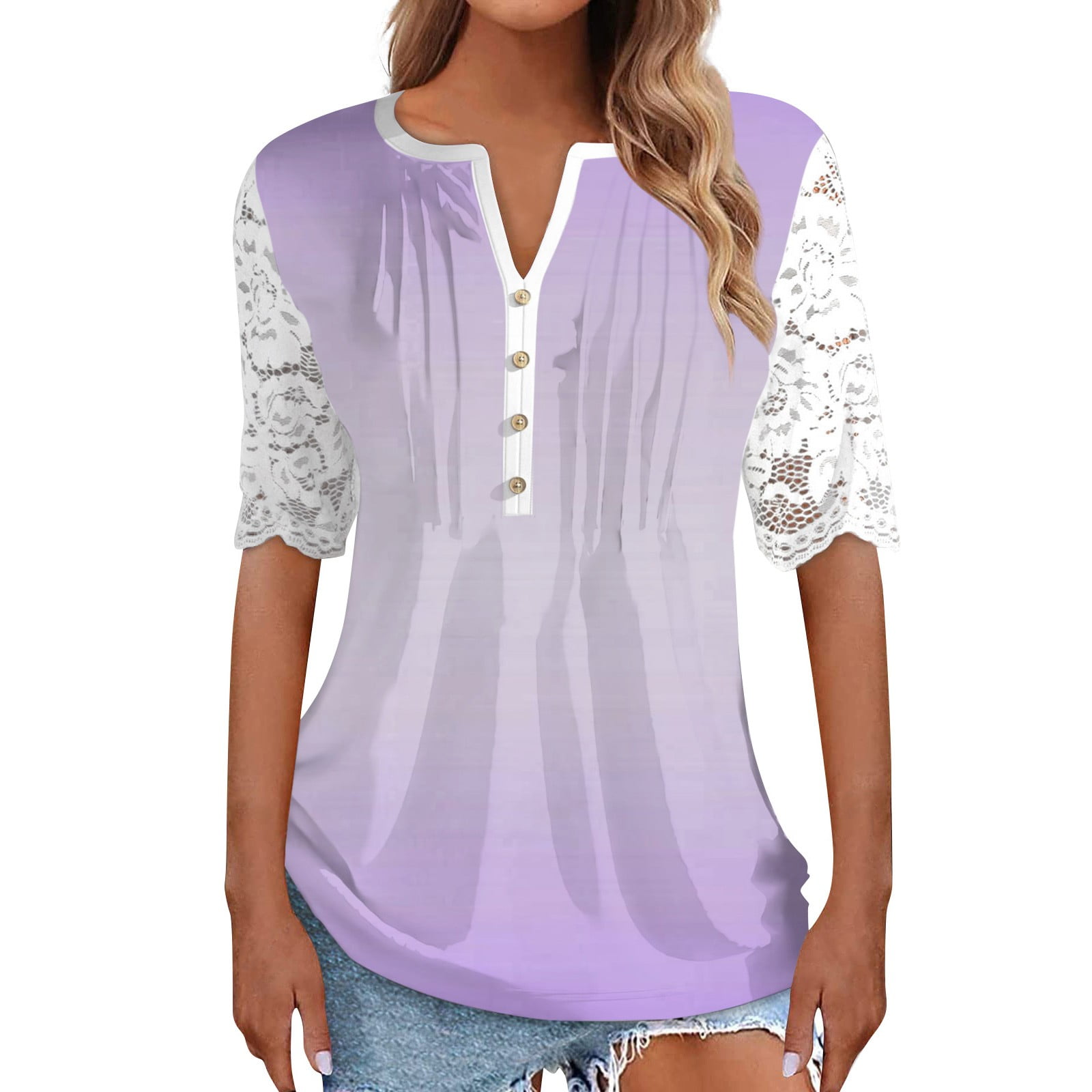 Sksloeg Womens Blouses and Tops Dressy Gradient Printed Lace Short Sleeve  Tunic Shirt Casual Loose V-Neck Plain Button Down Blouses,Light Purple XXL  