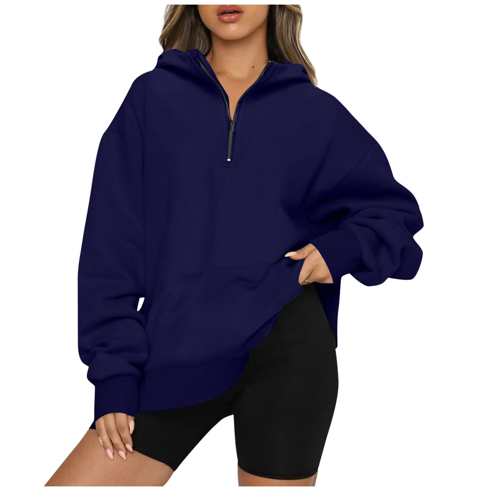Sksloeg Womens Half Zip Sweatshirt Oversized Long Sleeve Collar Drop  Shoulder Black 1/4 Zipper Pullover Jacket,Black S 