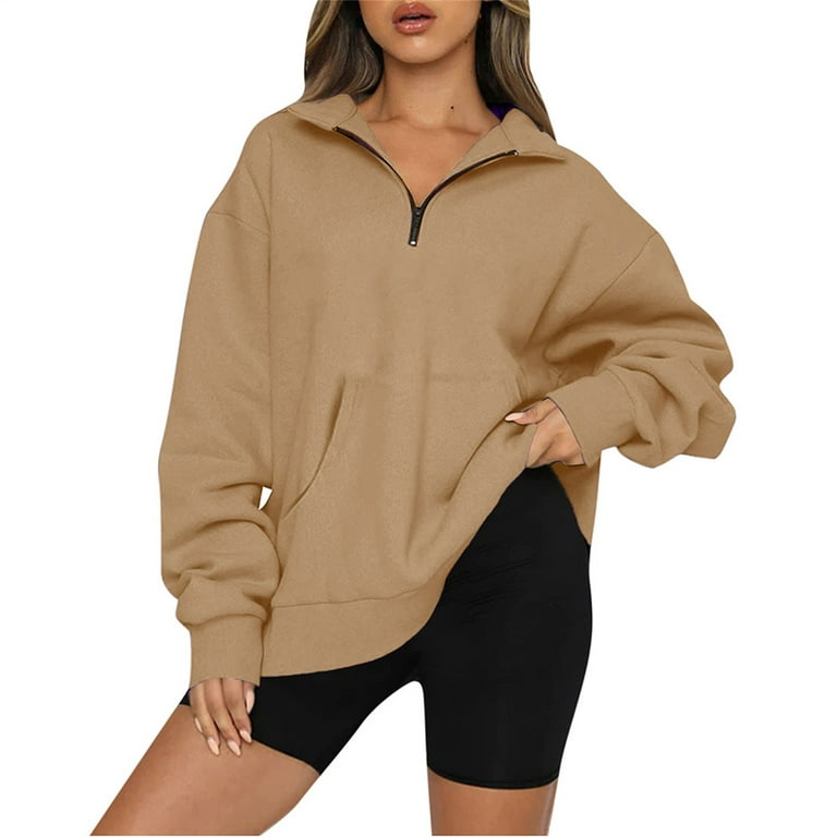 Sksloeg Womens Half Zip Sweatshirt Oversized Long Sleeve Collar Drop  Shoulder Brown 1/4 Zipper Pullover Jacket,Khaki XL 