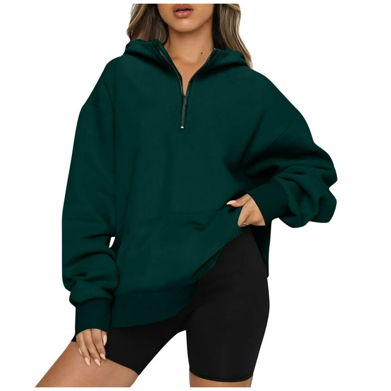 Sksloeg Womens Half Zip Sweatshirt Oversized Long Sleeve Collar Drop  Shoulder Green 1/4 Zipper Pullover Jacket,Dark Green XL 