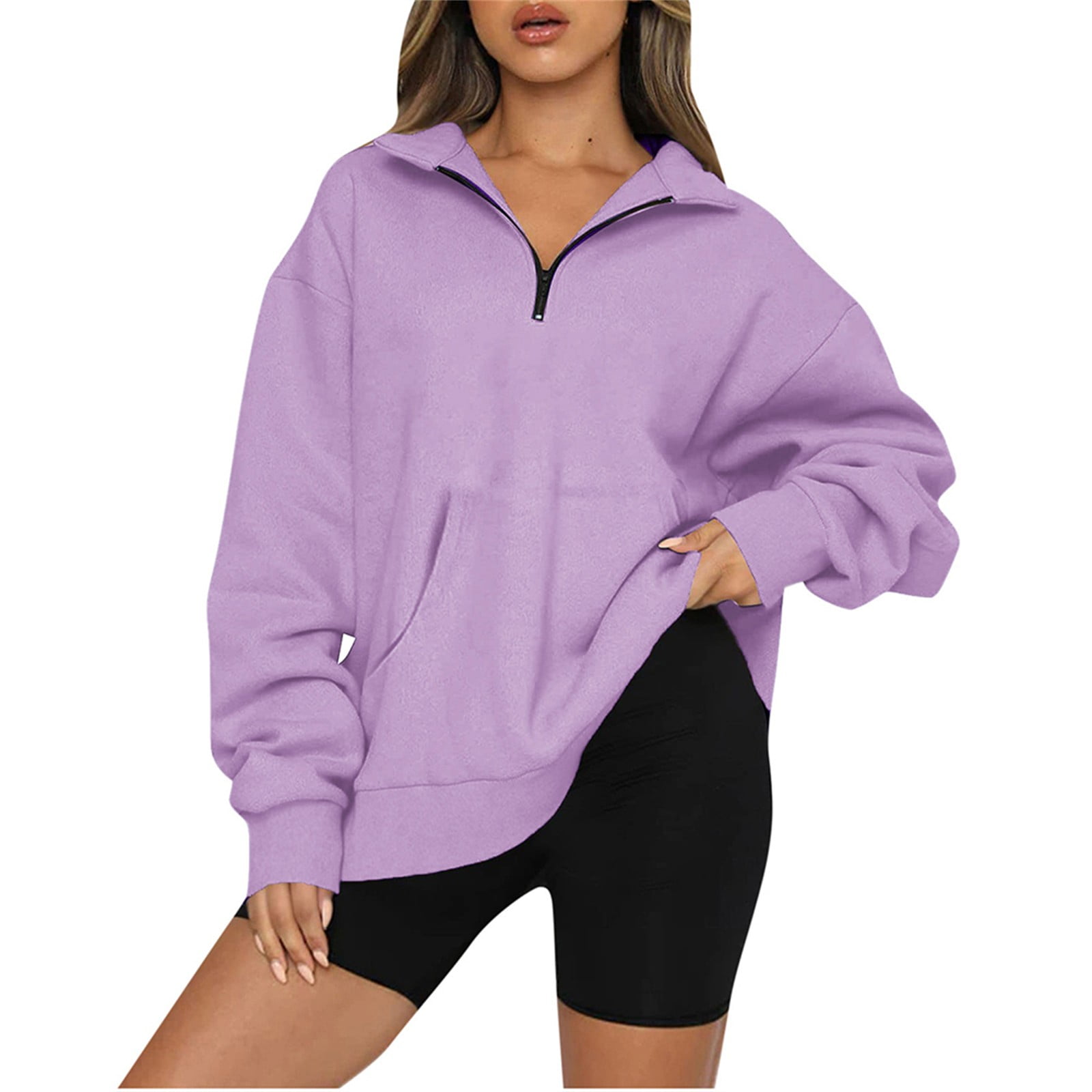 Sksloeg Womens Half Zip Sweatshirt Oversized Long Sleeve Collar Drop  Shoulder Purple 1/4 Zipper Pullover Jacket,Purple L 