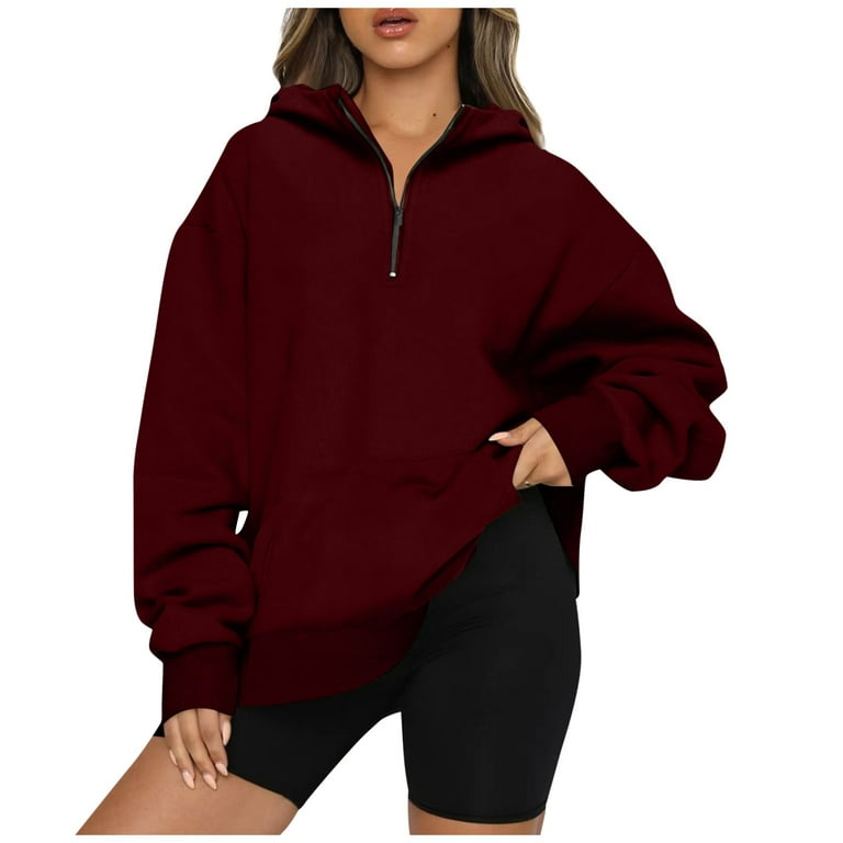 Sksloeg Womens Half Zip Sweatshirt Oversized Long Sleeve Collar Drop  Shoulder Red 1/4 Zipper Pullover Jacket,Wine 3XL 