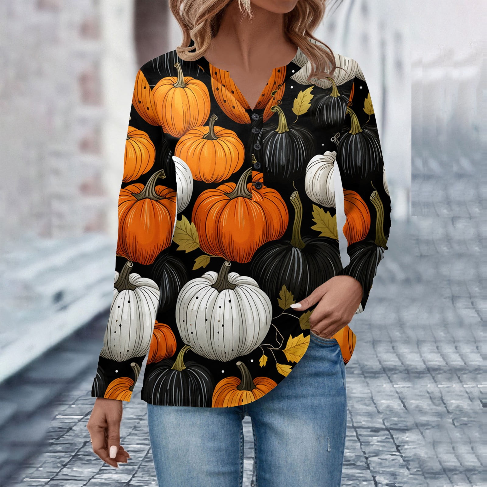 Sksloeg Womens Halloween Button Shirts Pumpkin Witch Hat Print