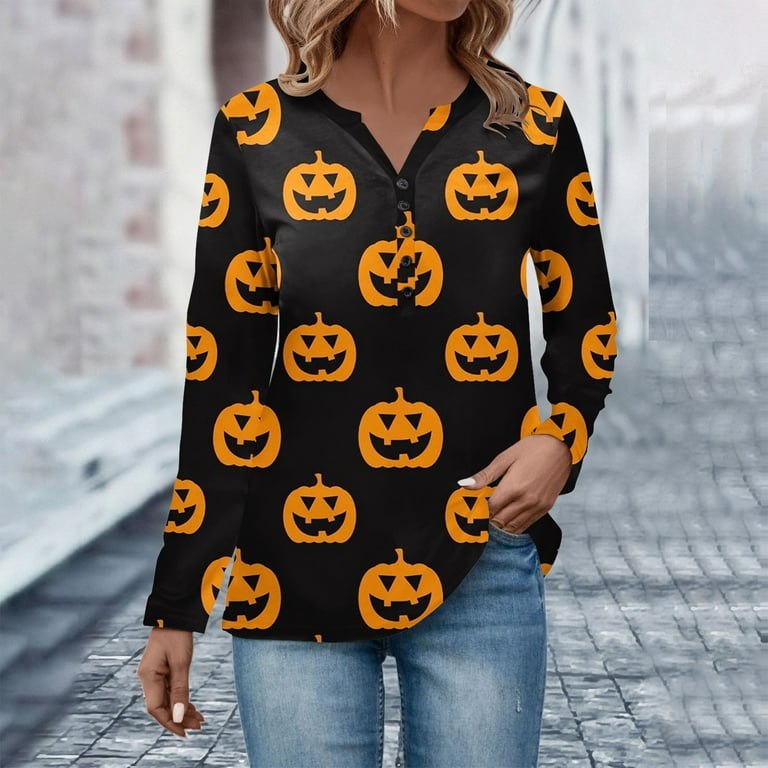 Sksloeg Womens Halloween Button Shirts Pumpkin Witch Hat Print