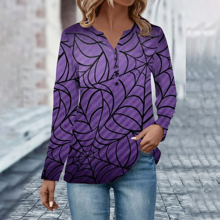 Sksloeg Womens Halloween Shirts Fall Henley Shirts Trendy Long Sleeve  Button Up Tunic Tops Cute Tshirt Pumpkin Witch Hat Print Casual Dressy  Blouses To Wear with Leggings,Light Purple M 