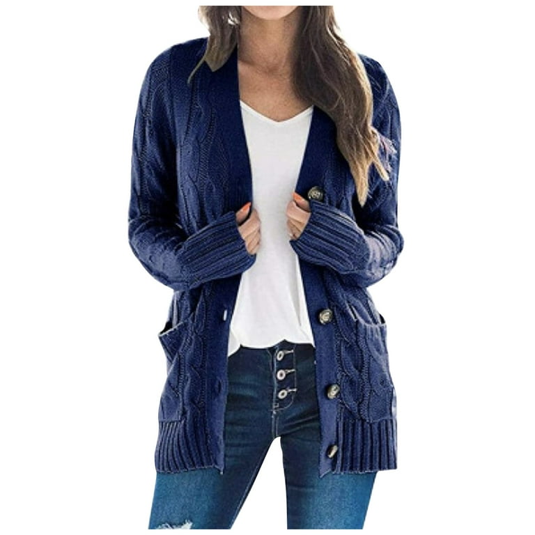 Sksloeg Womens Ladies Cardigans Sweater Coat Oversized Long Sleeve Button  Down Lapel Open Front Jacket Outwear,Navy M 