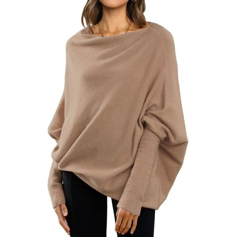 Sksloeg Womens Off the Shoulder Sweater Oversized Long Sleeve Shirts for  Women Solid Knit Batwing Sweaters for Women,Brown XL Female 