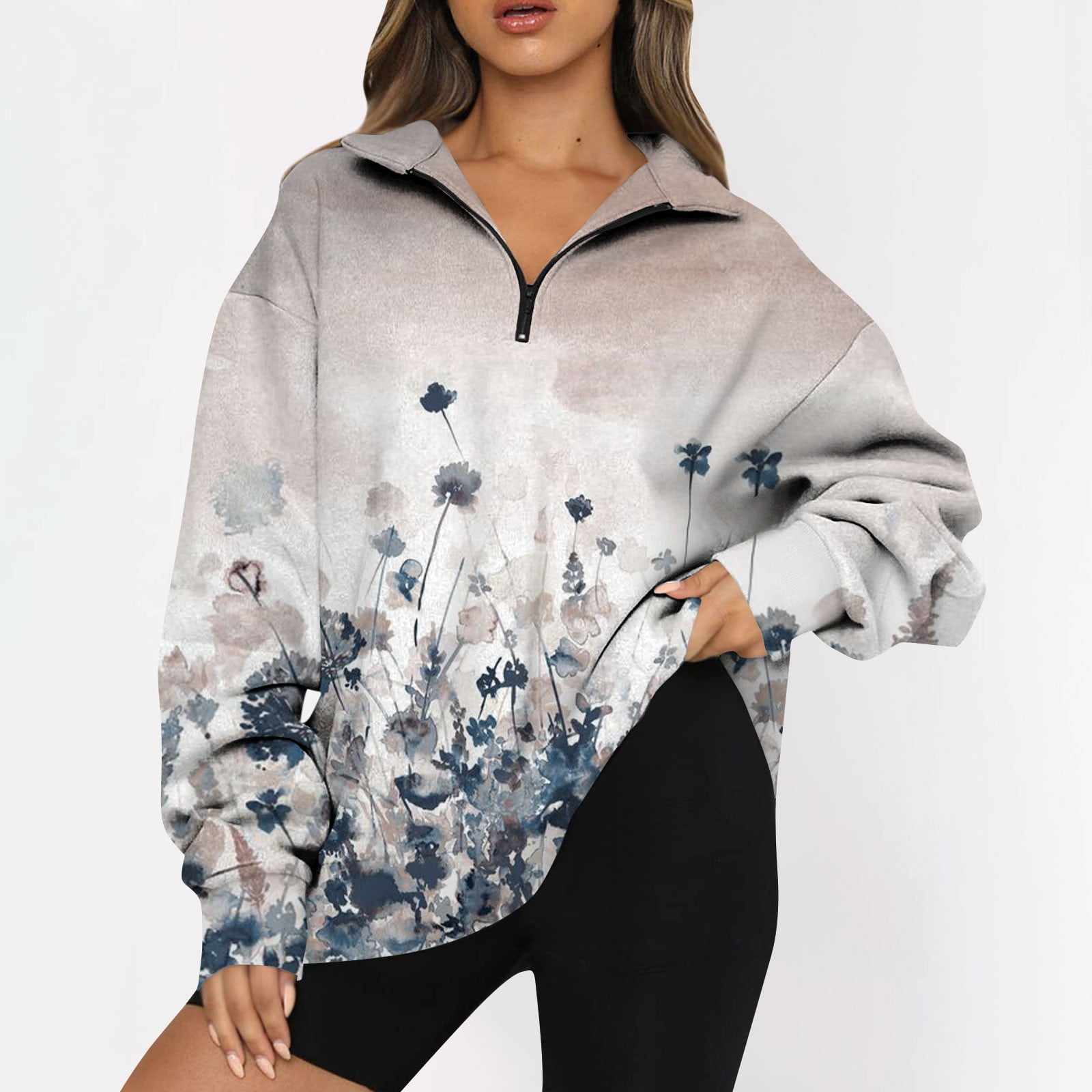 Sksloeg Womens Oversized Half Zip Sweatshirt Vintage Flower Printed  Pullover 2024 Trendy Quarter Zip Up Sweatshirts,Navy L 